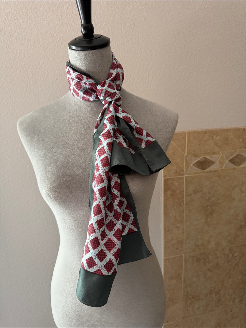 Sally Gee Geometric Red & Light Blue Scarf with Gray Border